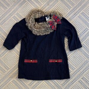 Navy Dress with Faux Fur Collar and Plaid Accents